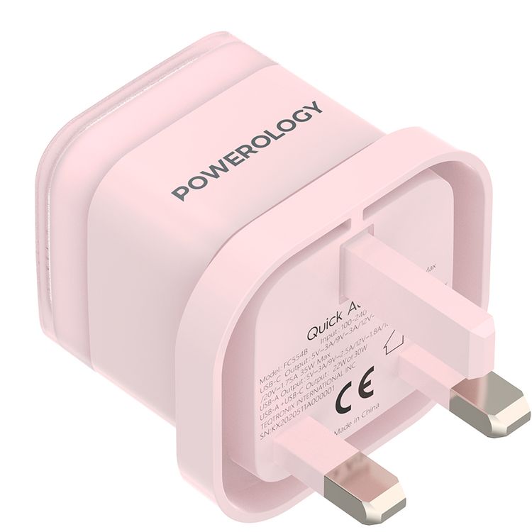 Powerology Lunex Dual-Port Fast Charging Adapter with USB-C & USB-A Ports, 35W Power Delivery, 22.5W USB-A Output, UK 3-Pin Plug, Universal Protocol Support, Multi-Device Charging - Pink