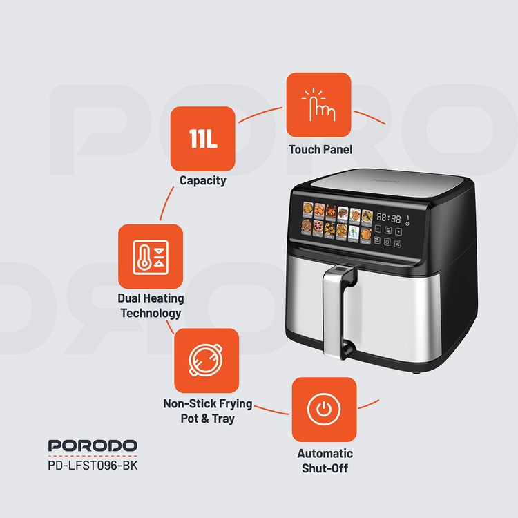 Porodo Lifestyle Dual Mode Air Fryer with Touch Control, 2200W Rated Power, Large Capacity 11L Air Fryer, Automatic Shut-Off, Up to 12 Hours Working Time - Black