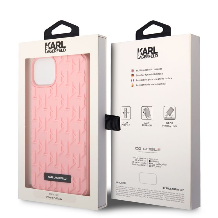 Karl Lagerfeld Case with 3D Rubber Monogram Pattern & Metal Plate Logo iPhone 14 Plus Compatibility - Pink