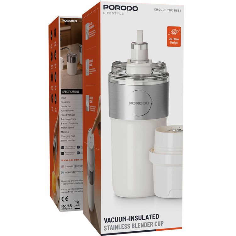 كوب خلاط ستانلس ستيل معزول بالفراغ من بورودو مع قدرة قوية على سحق الثلج، غطاء شرب آمن، سعة بطارية 2×1300 مللي أمبير، شحن سريع من نوع C، غطاء مزدوج قابل للتبديل، 26 شفرة، سعة 320 مل، سرعة محرك 18500 دورة في الدقيقة، يحافظ على السخونة والبرودة لمدة تصل إلى 6 ساعات، مصنوع من الفولاذ المقاوم للصدأ 304 - أبيض.