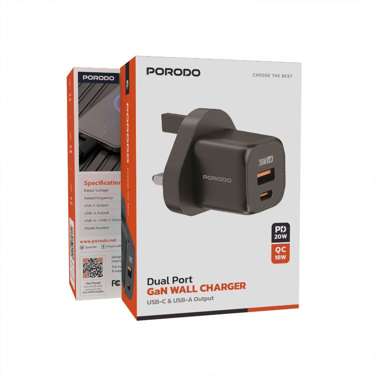 Porodo Dual Port Wall Charger with 18W USB QC3.0, PD 20W, UK Plug, Over-Heat Protection, Simultaneous Charging - Black