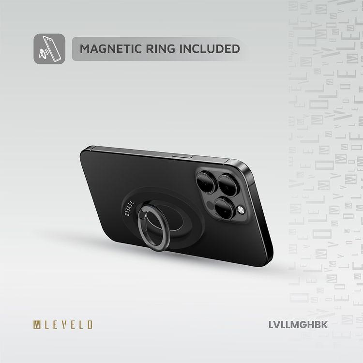 Levelo Lucero 2-in-1 Phone Ring Holder with N52 Magnets, Non-Slip Surface, 135° Flip Design, Comfortable Grip, 4000GS Magnetic Force - Black