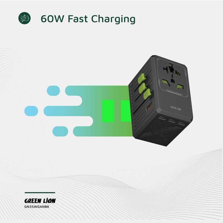 Green Lion GaN Adapter 6-in-1 & 2-in-2 Cable, PC Flame Retardant & Copper Material, PD 35W Fast Charging, Universal AC Sockets - Black
