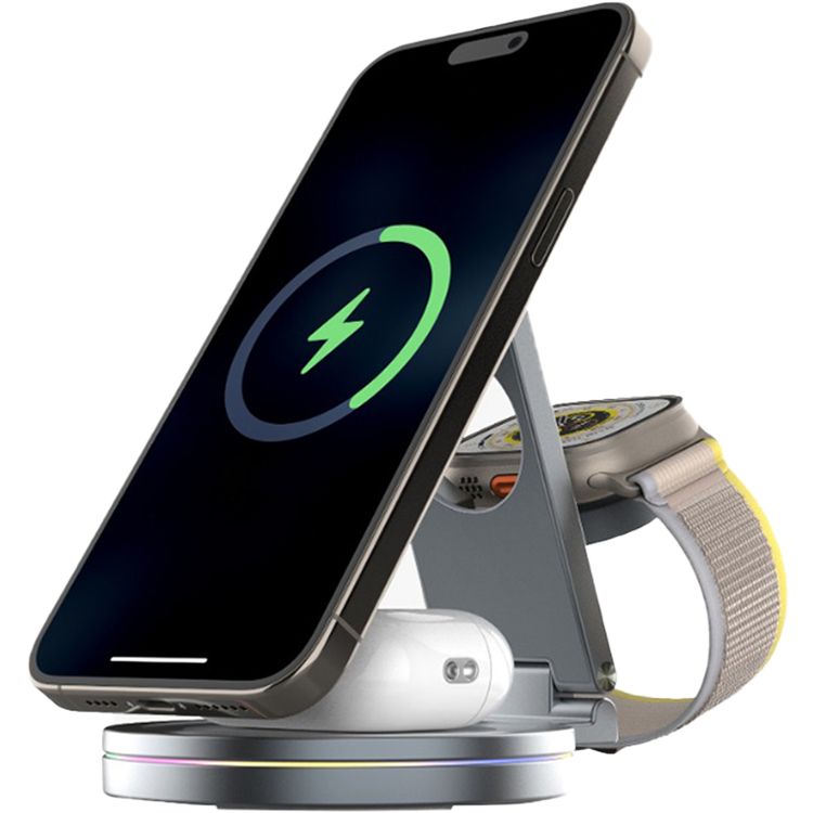 Porodo Rotating Base Three-Device Wireless Charger with 15W Wireless Output, Folding Design, Fast Charging, Type-C Input Interface, Lightweight & Portable - Gray