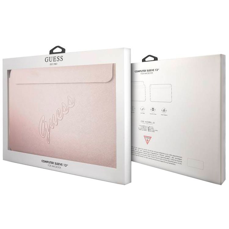 Guess PU Saffiano Script Computer Sleeve 13" with High-Quality Synthetic Leather Material, Water Resistant, Magnetic Closure - Pink