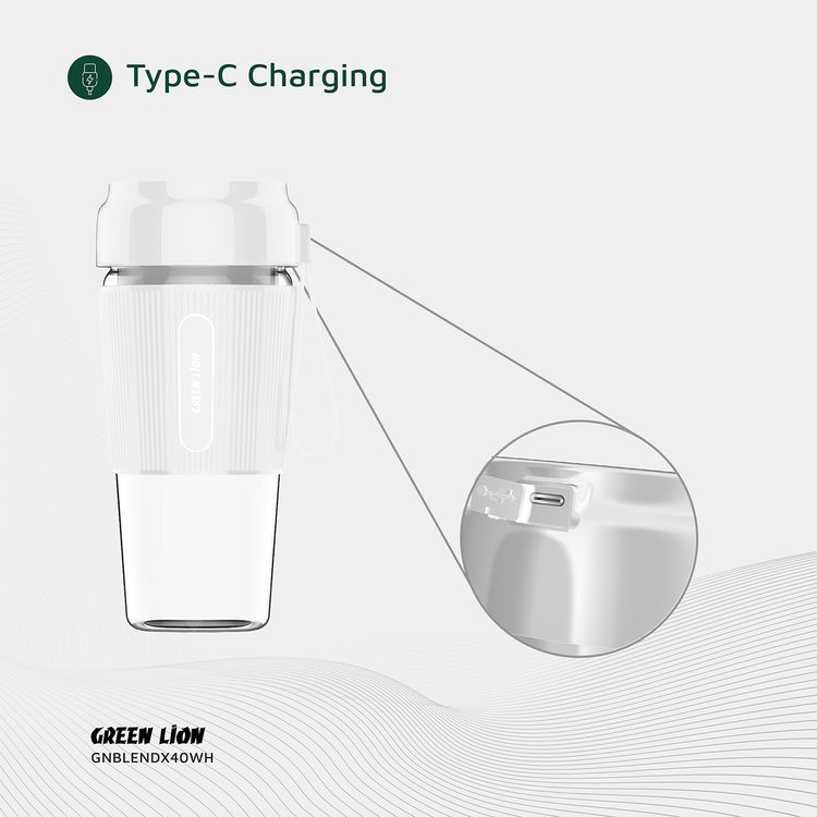 Green Lion G-Blend X Portable Juicer with 300mL Capacity, 1500mAh Battery Capacity, PC Jar Material, Stainless Steel Blade Material, Type-C Charging Port, 3-4 Hours Charging Time - White