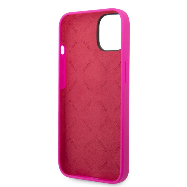 Guess Liquid Silicone Case With PC Camera Outline & Script Metal Logo - iPhone 14 Plus - Fuchsia