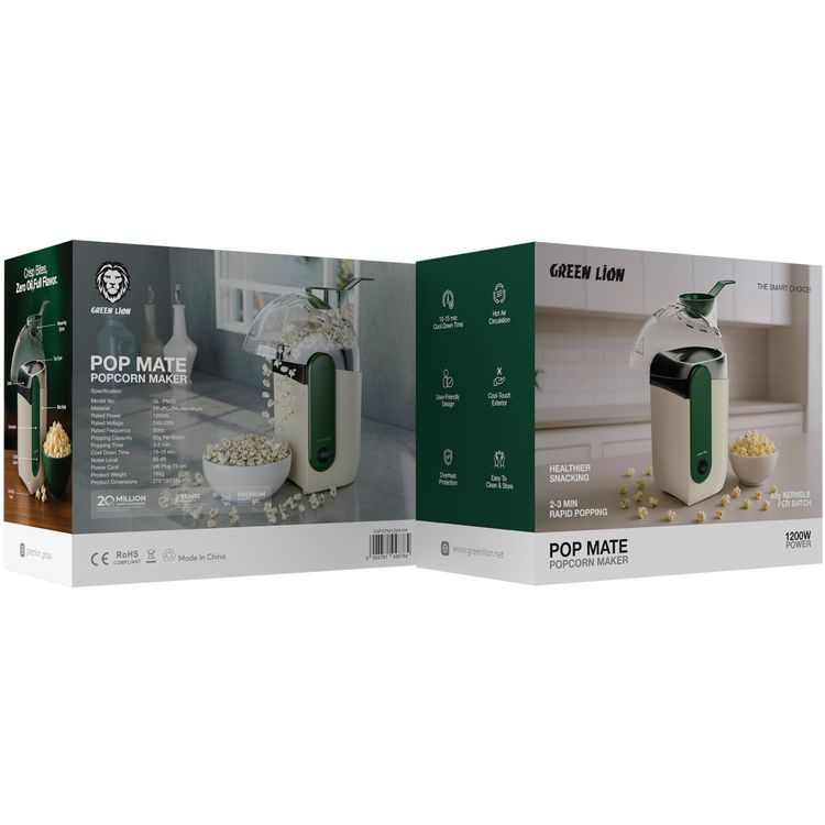 Green Lion Pop Mate Popcorn Maker, 2-3 Minutes Popping Time, 10-15 Minutes Cool Down Time, 1200W Rated Power, 75cm UK 3-Pin Plug, Easy-to-Clean & Store, Hot Air Circulation, Cool-Touch Exterior - White
