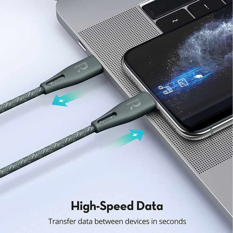 راف باور كابل مضفر من النايلون 0.3 متر متوافق مع كابل تايب سي إلى لايتنينغ ، موصل ايفون للشحن السريع وسلك نقل البيانات ، توافق عالمي معتمد من م ف اي - اخضر