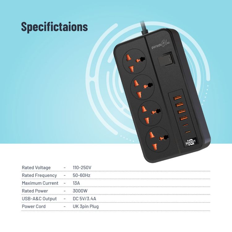 Porodo 4AC Universal Power Strip with Premium Materials, Safety Shutters, 13A Maximum Current, USB-A&C Output - Black  