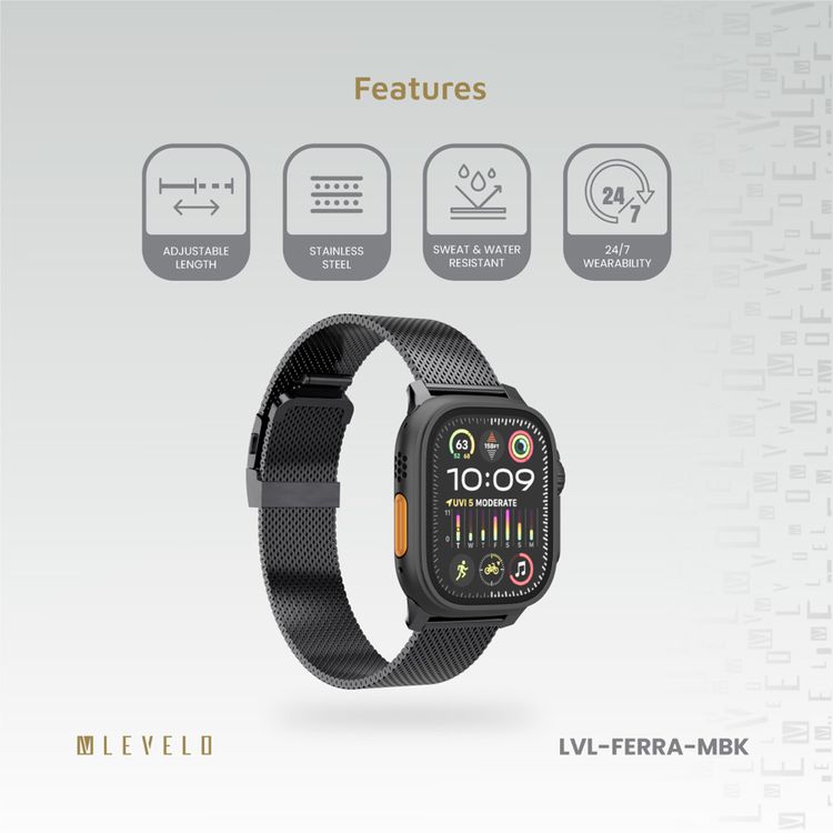 Levelo Ferra Milanese Watch Strap with Adjustable Length, Compatible with 49/46mm Smartwatches & Apple Watch SE, Series 9, 8, 7, 6, 5, Hypoallergenic Material, 24/7 Wearability, Water-Resistant, Anti-Oxidation Technology - Matte Black