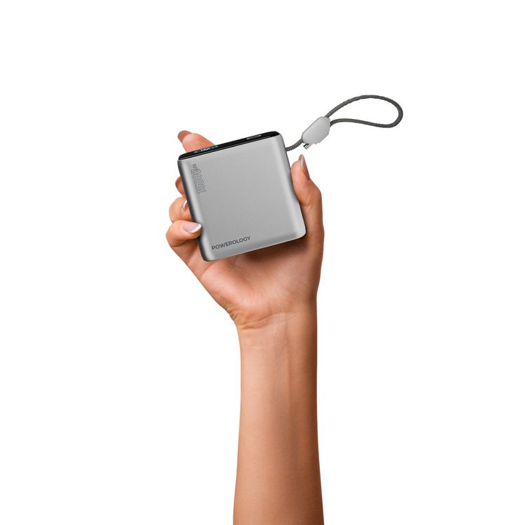 Powerology 15000mAh Mini Power Bank with Multiple Charging Ports, Universal Compatibility, Advanced Safety Features, Smart TFT Display, Built-in USB-C Cable - Gray