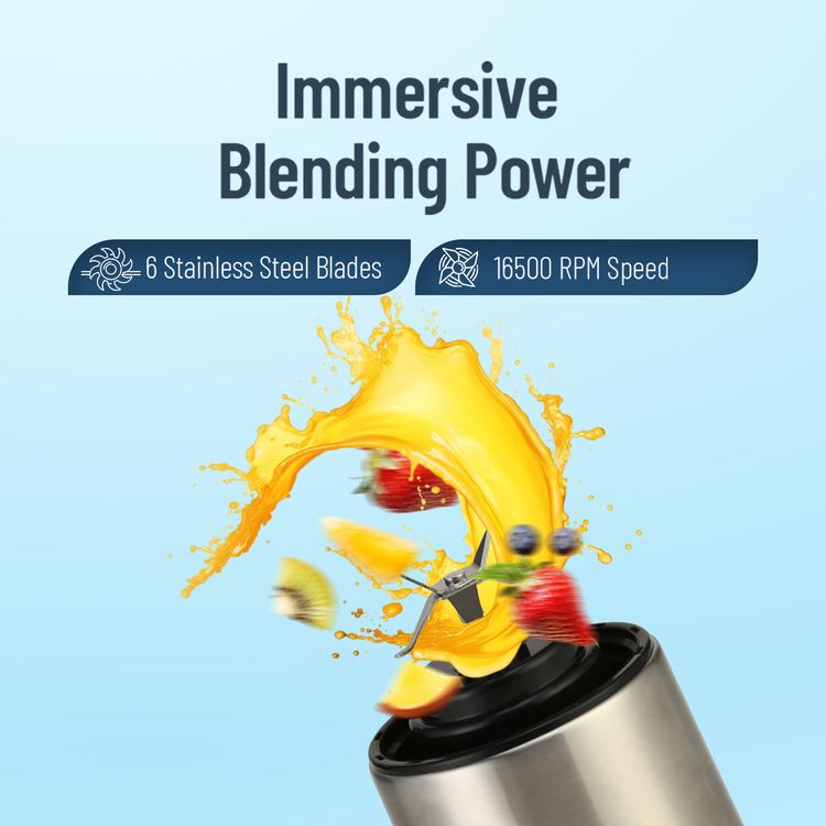 Powerology 6-Blade Portable Juicer with 450ml Capacity, Safety Switch, 126W Motor, Glass Container, USB-C Charging Port, 16500 RPM Speed, Ice Crusher, Stainless Steel Blades - Silver