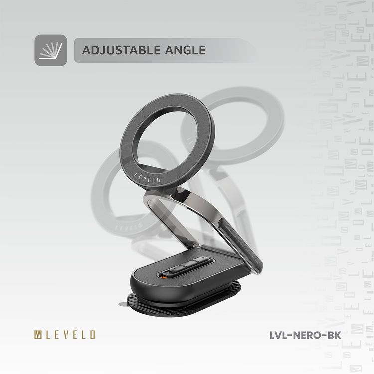 Levelo Nero MagSafe Car Holder & Selfie Stick with Foldable Design, N52 Magnet, Adjustable Angle, Strong Suction Type, Universal Compatibility - Black