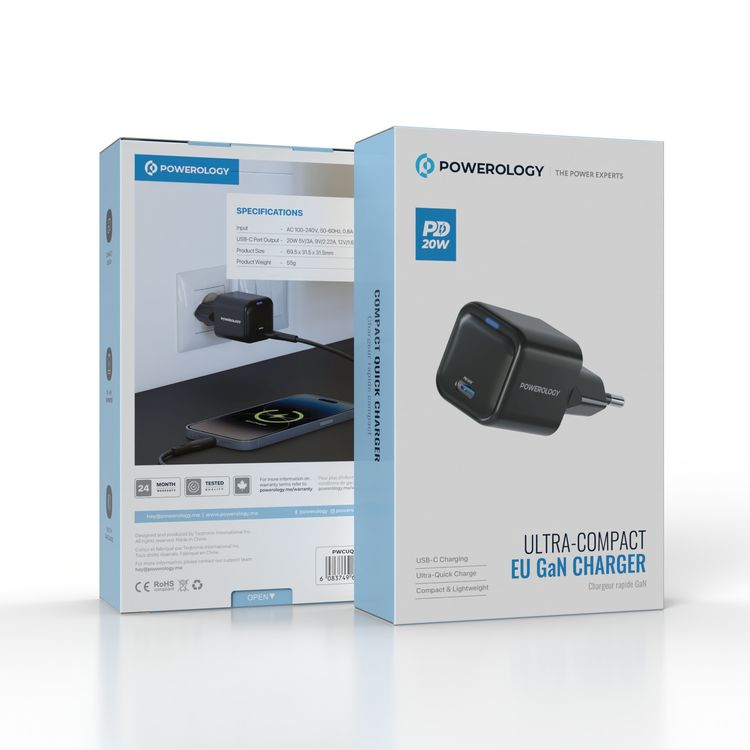 Powerology Ultra-Compact 20W Gan PD Charger EU, Compact Design, Fast Charging, Matt Surface, Overheat & Overvoltage & Overcharge Protection, USB-C Port - Black