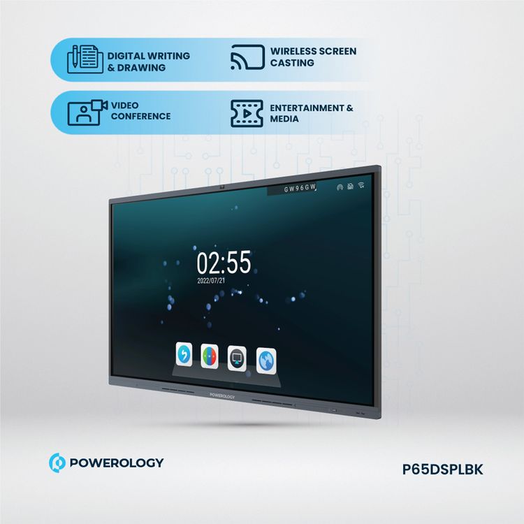 Powerology Dual Windows & Android Interactive Smartboard, Wireless Screen Casting, Digital writing & Drawing, Bluetooth V5.0, 65" D-LED Backlight Display, 8GB RAM, 128GB Storage - Black