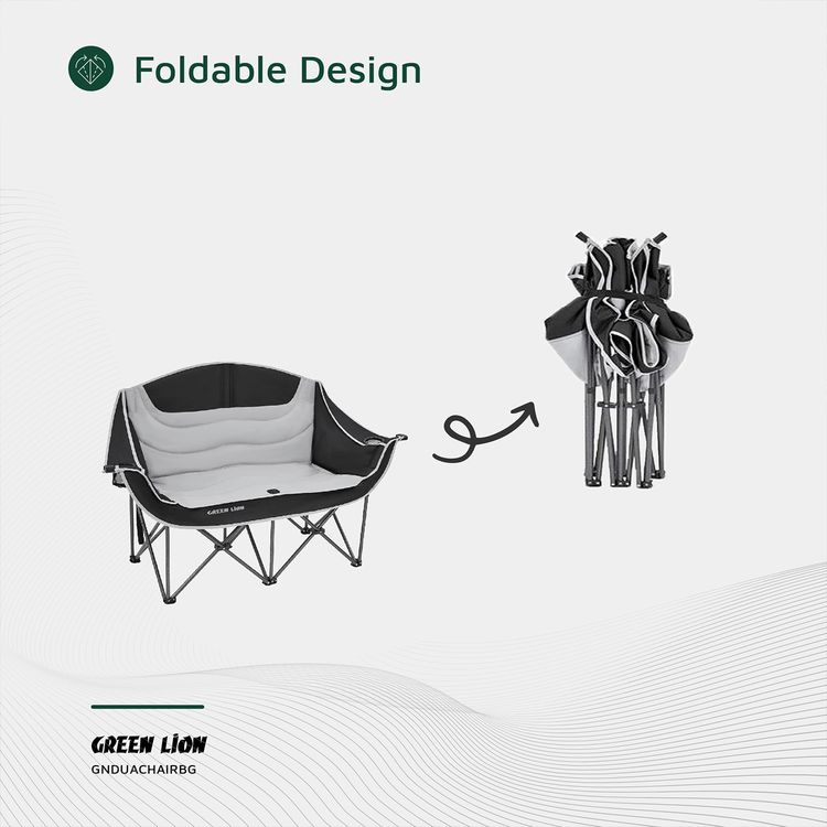 Green Lion Double Camping Chair, 600D Oxford Fabric + Steel Pipe Material, Camping Friendly, Safety Lock, Foldable Design, Easy Setup, Juice Glass Holders  - Gray / Black