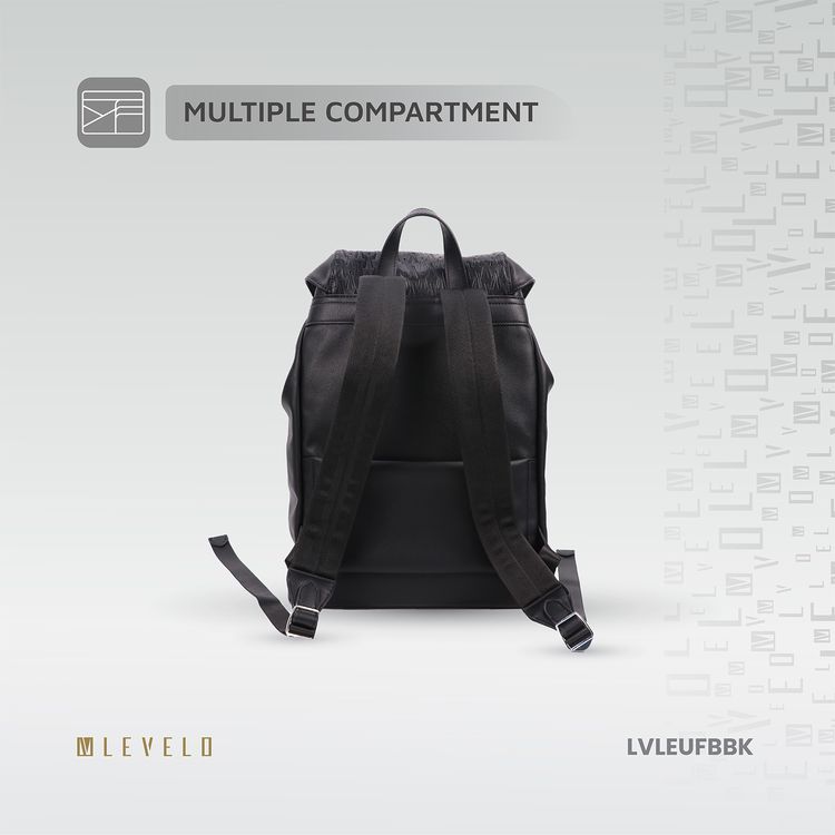 Levelo Envol Universal Fashion Backpack with Premium Leather Material, Scratch Resistant, Lightweight Design, Push Buckles, Drawstring Closure, Multiple Compartments - Black