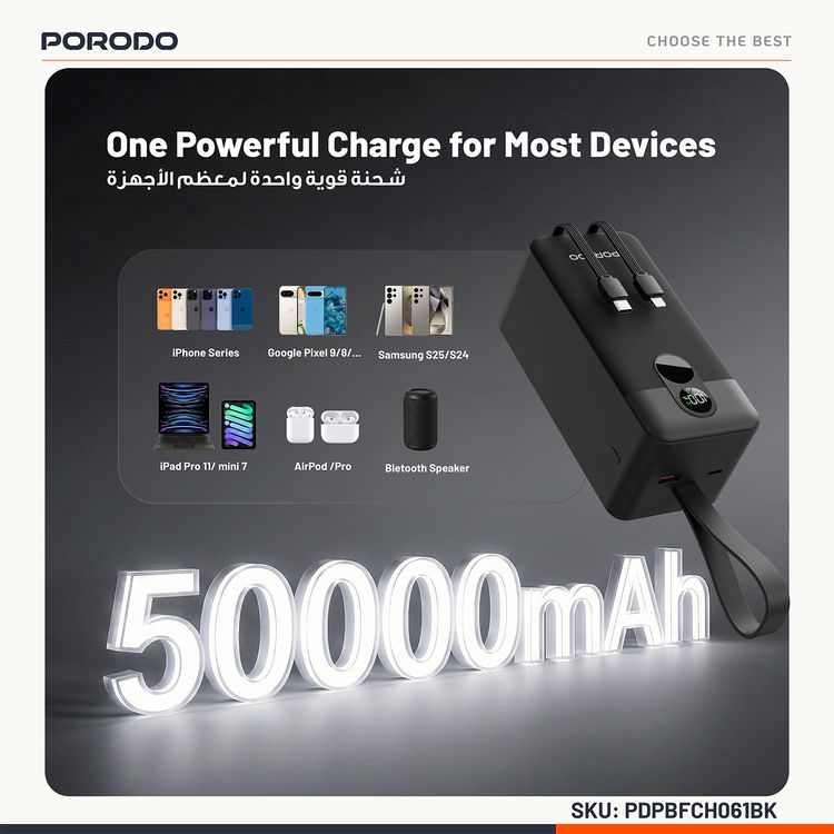 Porodo 50000mAh Power Bank with Built-in Type-C & Lightning Cables, 22.5W Power Delivery, Simultaneous Charging, 0%-60% Charge in 35 Minutes, Digital Display - Black