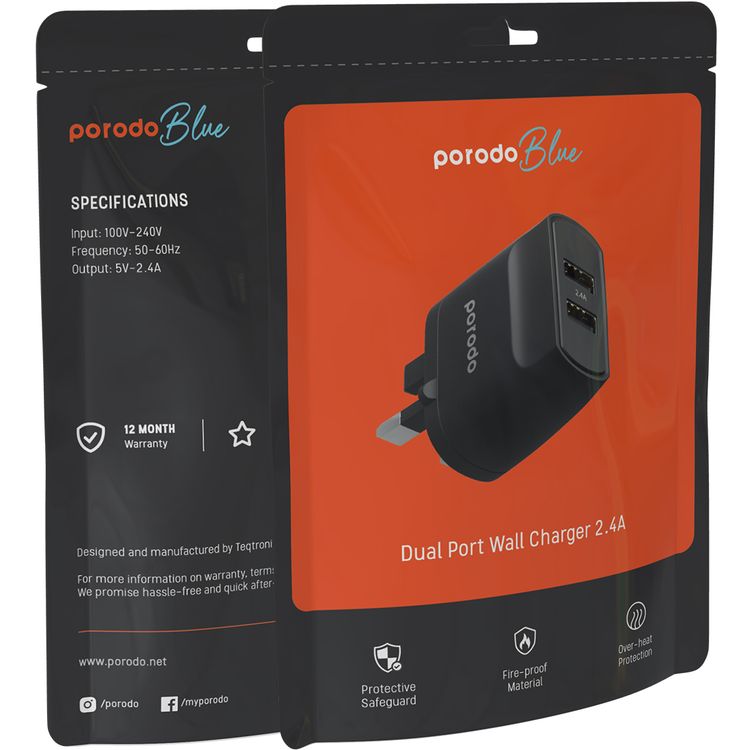 Porodo Blue Dual Port Wall Charger 2.4A with Fireproof Material, UK 3-Pin Plug, Overheat Protection, Overheat Protection, 100-240V Input - Black