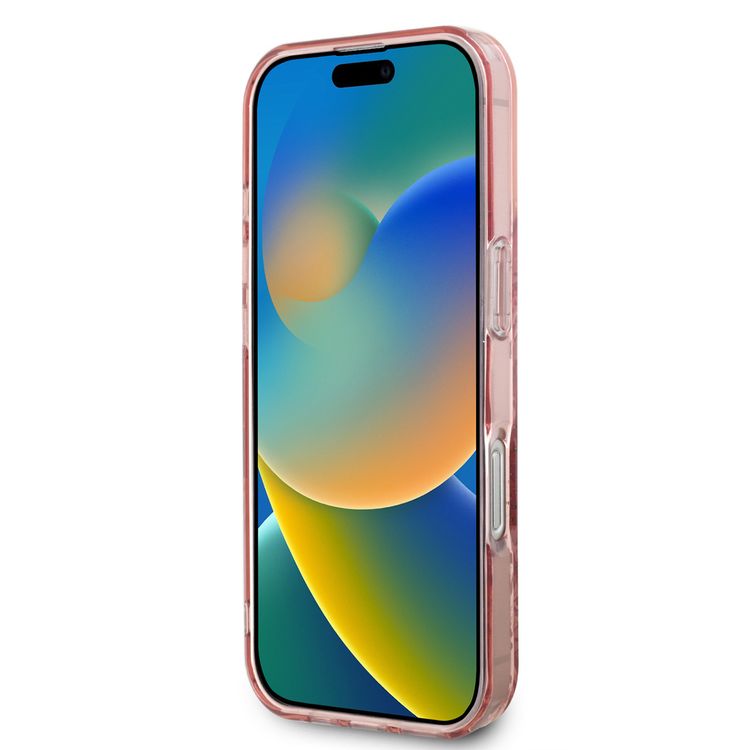 Guess Magsafe IML Transparent Hard Case with Flower Design & Tonal Circle Logo for iPhone 16 Pro, Lightweight, High Quality Material - Pink