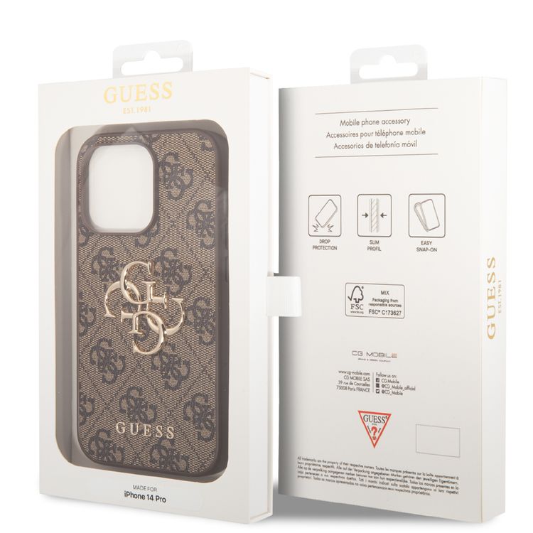 Guess PU Leather 4G Classic and Stylish Case with Big Metal Logo iPhone 14 Pro Compatibility - Brown