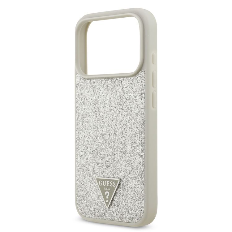 Guess MagSafe PU Leather Fixed Glitter Case with Triangle Logo for iPhone 17 Pro, Slim Profile, Easy Snap-On, Sustainable Packaging, Comfortable Grip, Drop Protection, Lightweight Design - Silver