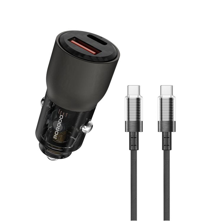شاحن سيارة بورودو 95 واط شفاف مع كابل USB-C بطول 90 سم، شحن سريع متزامن، توافق شامل - رمادي
