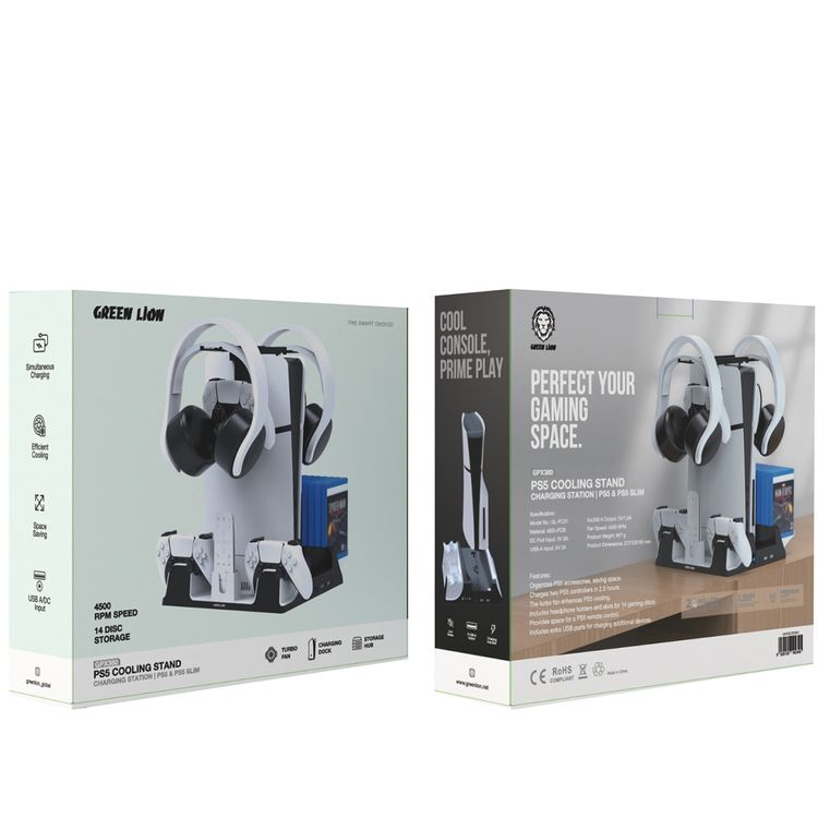 Green Lion PS5 Cooling Stand Charging Station with 14Disk Storage, Low Noise, Simultaneous Charging, Efficient Cooling, Turbo Fan - White