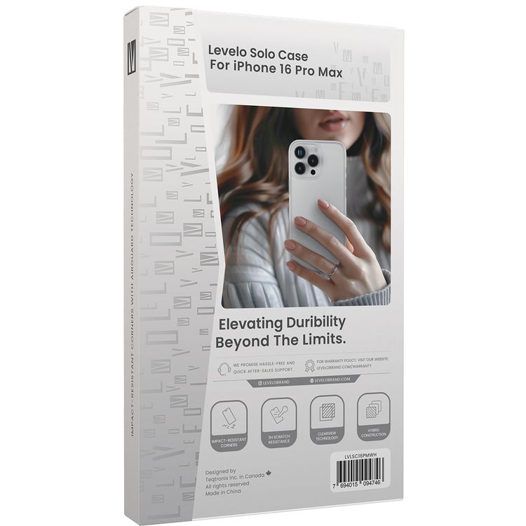 Levelo Solo Case for iPhone 16 Pro Max with Clearview Technology, Matte TPU Bumper, Comfortable Grip, Impact-Resistant Corners, 3H Scratch Resistance - White
