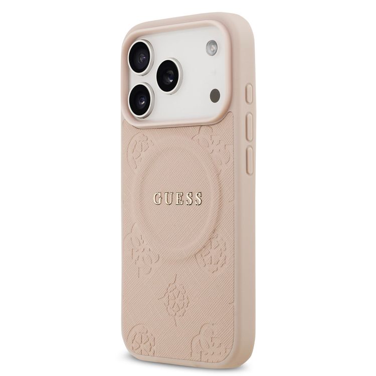 غطاء جلد PU من Guess بتصميم شعار كلاسيكي وختم ساخن على شكل زهرة الفاوانيا لهاتف آيفون 17 برو، ذو ملف نحيف، يركب بسهولة، تغليف مستدام، قبضة مريحة، حماية من السقوط - وردي