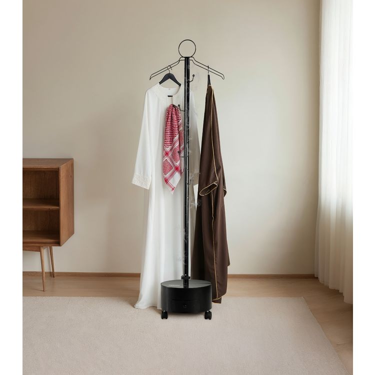 Porodo Lifestyle Essentia Clothing Bakhour Hanger with Storage Tray & Wheels, Incense Ventilation Holes, Hanger Hook Design, Easy-Move Base - Black