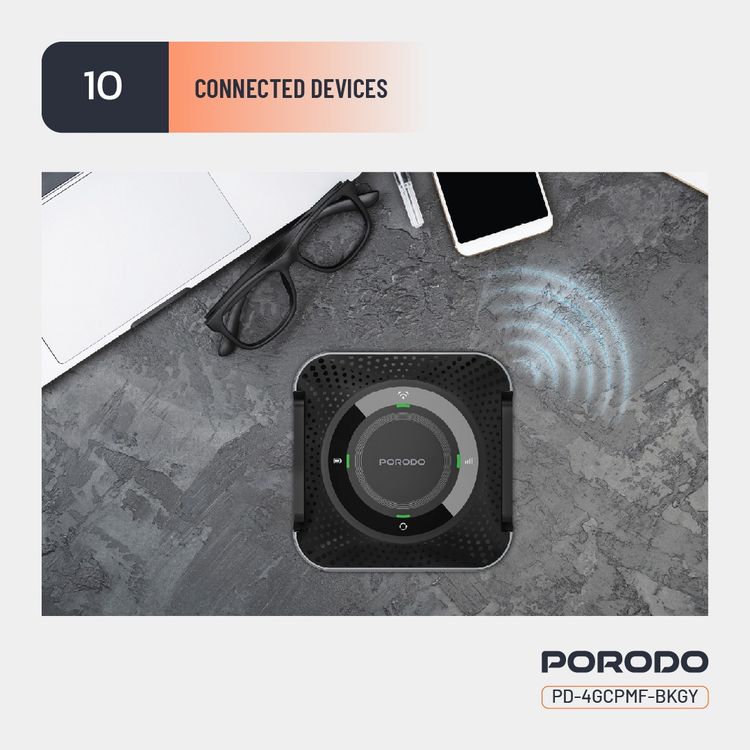 Porodo 4G & LTE Portable Router with 40m Signal Distance, 12 Hours Working Time, 10 Connected Devices, 100Mbps LAN, 4000mAh Battery Capacity, Micro SIM, CPE & MiFi, CAT4 Category, 150Mbps Download Rates, 50Mbps Upload Rates - Black / Gray