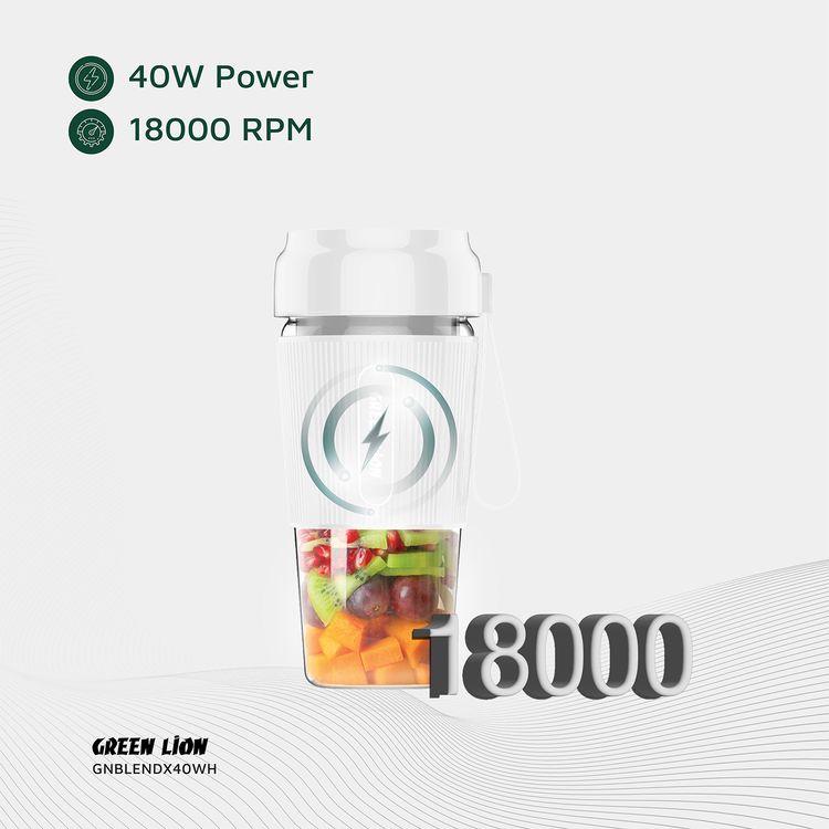 Green Lion G-Blend X Portable Juicer with 300mL Capacity, 1500mAh Battery Capacity, PC Jar Material, Stainless Steel Blade Material, Type-C Charging Port, 3-4 Hours Charging Time - White