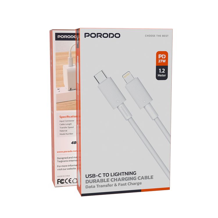 Porodo USB-C to Lightning PVC Cable, 480Mbps Transfer Speed, PD 27W, More than 15000 Bends Life Span, 1.2m Cable Length, Tangle Free - White