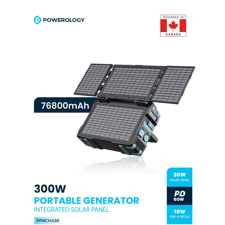 Powerology 76800mAh 300W Portable Power Generator Integrated Solar Panel, 18W QC 3.0, PD 60W, Car Charger Output 10A, 60W Type-C Input - Black