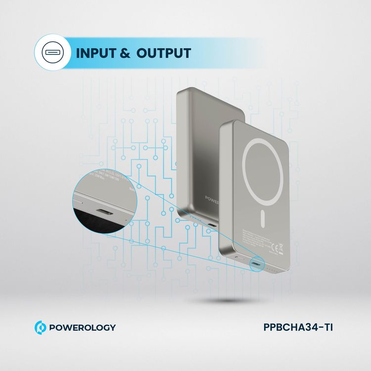 بنك الطاقة Powerology MagSafe من الألومنيوم بقدرة 10000 مللي أمبير في الساعة مع مؤشر لمستوى البطارية، تصميم خفيف الوزن وصغير الحجم، شحن سريع ومتزامن، مدخل ومخرج من النوع C، مخرج لاسلكي 15 وات - التيتانيوم