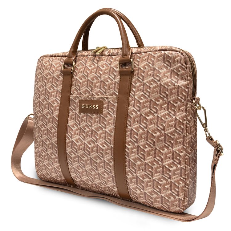 Guess Gcube Stripes Laptop Bag for Computer 16" with Synthetic Leather Material, 5 Pockets, Adjustable Shoulder Strap, Carrying Handles - Brown