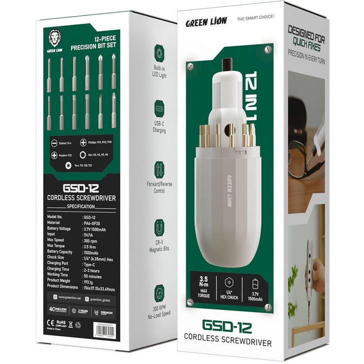 Green Lion GSD-12 Cordless Screwdriver with 12 Pieces Precision Bit Set, 300 RPM No-Load Speed, CR-V Magnetic Bits, USB-C Charging Port, Built-in LED Light, 1/4" Hex Chuck, 3.5N.m Max Torque - Gray