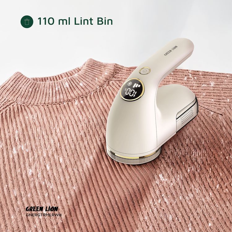 Green Lion Ergotrim Digital Fabric Remover with 3-Gear Speed Control, Up to 3 Hours Working Time, 110mL Lint Bin Capacity, 6-Leaf Blade, Honeycomb Mesh Cover, Ergonomic Handle, Safety Protection - White