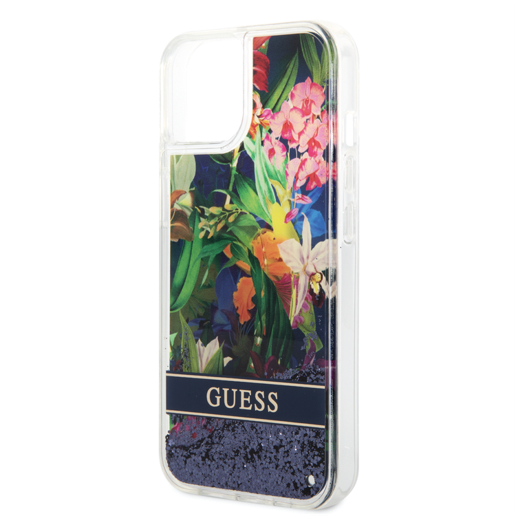 Guess Liquid Glitter Case with Flower Pattern Extra Shine Smooth Touch Feel iPhone 14 Compatibility - Blue