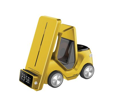Green Lion Forklift 5-in-1 Wireless Charger with Night Light Function, 15W Phone Output, Fast Charging, Digital Clock Display, 2.5W Watch Output, 5W AirPods Output - Yellow