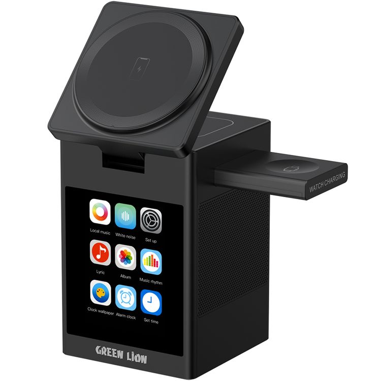 Green Lion Smart Station Pro with Wireless Charger, Speaker, Clock, Alarm, ABS + PC & Silicone Material, 8× N52 Magnets, 1000mAh Battery Capacity, Bluetooth Version 5.3, 10m Working Range, 2 Hours Charging Time, 2.5 Hours Working Time, Type-C Input Port, Smart Touch Display - Black