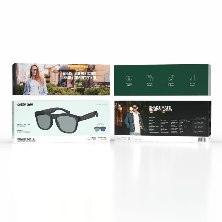 نظارات جرين ليون شيد ميت الذكية بمظهر عصري، وظيفة TWS، مكالمات بدون استخدام اليدين، مساعد صوتي، تحكم باللمس، كاميرا عن بُعد، عدسات مستقطبة، شحن مغناطيسي - أسود