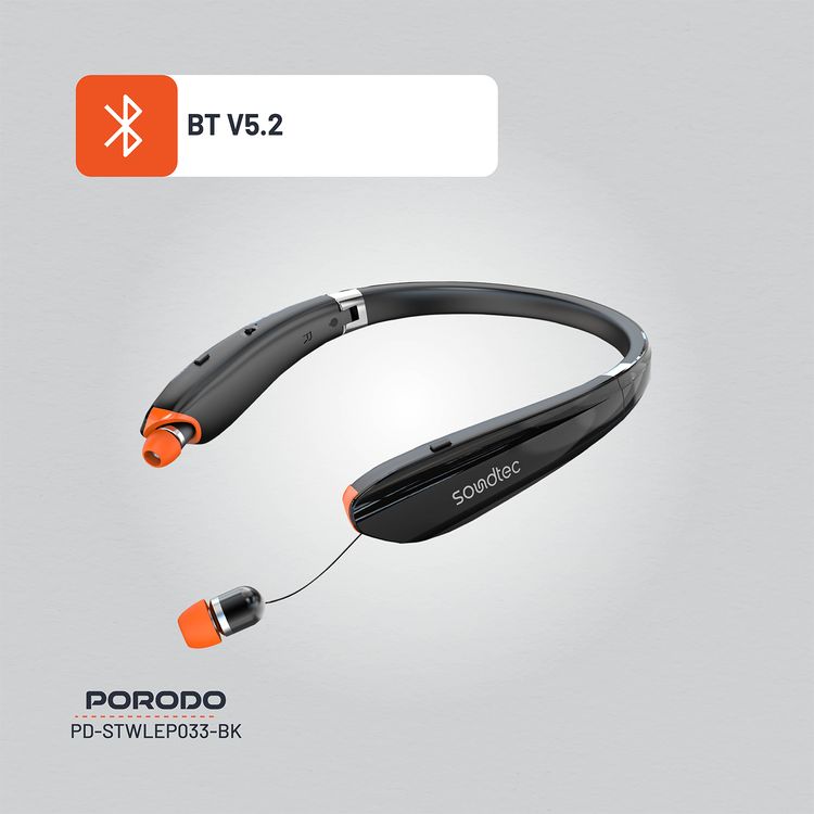 Porodo Soundtec Echo Flex Retractable ENC Neckband with Folding Design, Crystal Clear Audio, High Clarity Mic, Bluetooth V5.2, Multi Point Connection - Black 