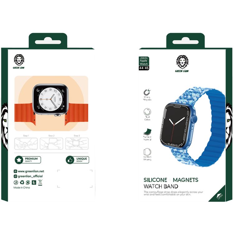 Green Lion Silicone Watch Band for Apple Watch 42/44/45mm with Magnetic Band, Comfort Wearing, Dual-Color Design Options, Perfect for Any Occasion, Supports Wireless Charging, Bubble-free and Easy Installation, Lightweight Design - Navy Camouflage