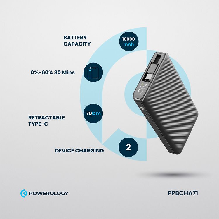 Powerology 10000mAh Retractable Cable Power Bank with LED Display, Lightweight & Portable Design, Fast-Charging, USB-C Input & Output, 2-Device Charging, Patented Design, 22W Power Delivery - Black
