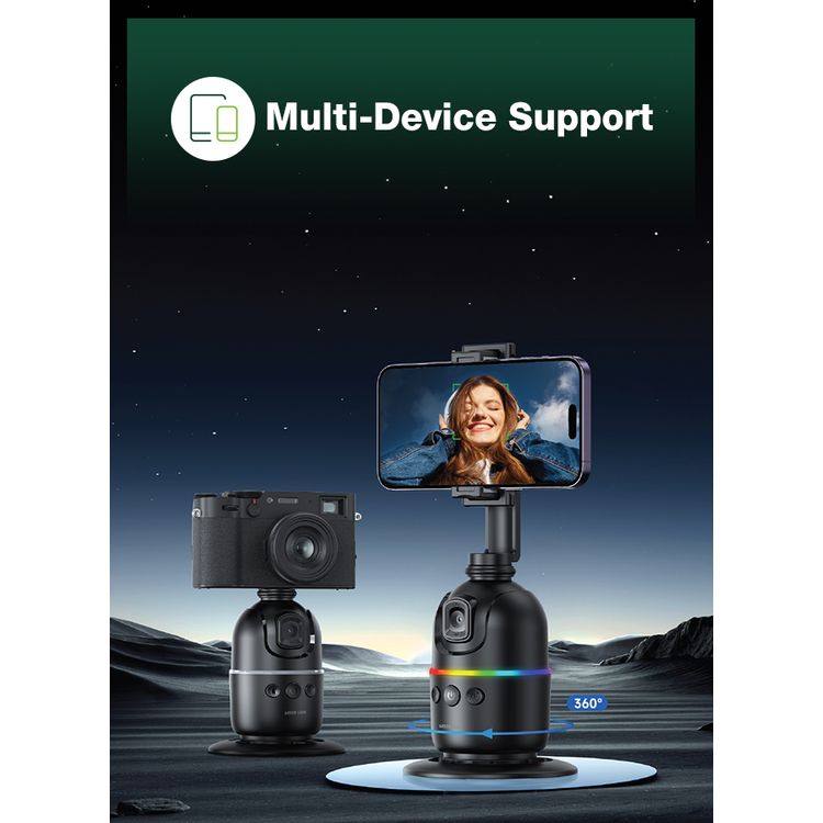 Green Lion Auto Track Gimbal, Multi-Device Support, Face Tracking, Gesture Detection, 3W Power, 1200mAh Battery, 1-4m Range,  6.5-9.5cm Phone Holder, Type-C Charging Port - Black