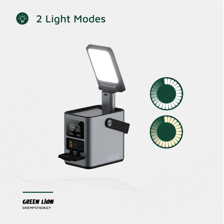 Green Lion Energy Max 60000mAh Power Station with 230W Total Output, Brightness of 700 Lumens, PD 140W, Digital Display, 100W Solar Input, QC 22.5W - Gray