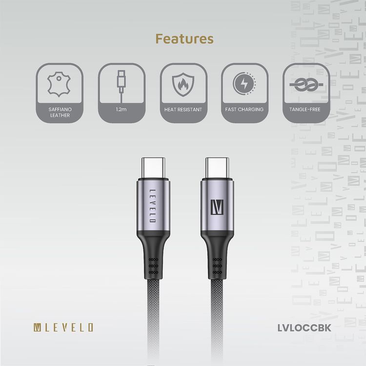 Levelo Otto USB-C to USB-C Cable with Heat-Resistant, Fast Charge & Data Sync, 480Mbps Data Transfer Rate, Tangle-Free, 1.2m Cable Length - Black